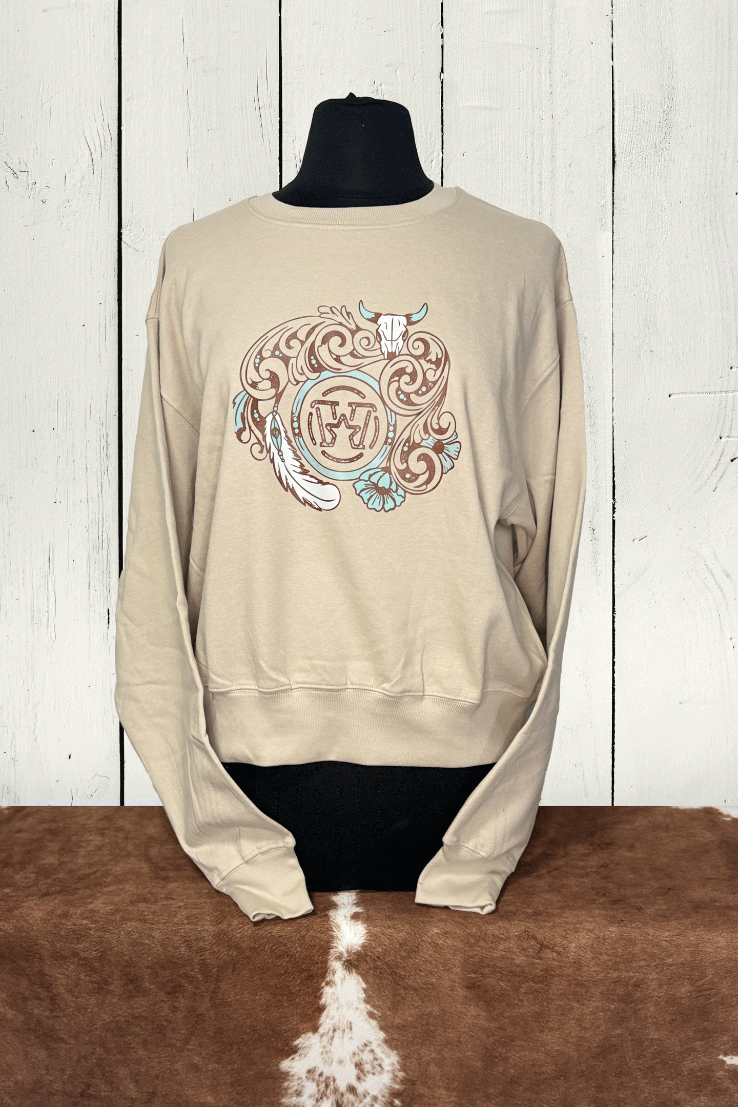 Molleton col rond femme - Leather flower turquoise