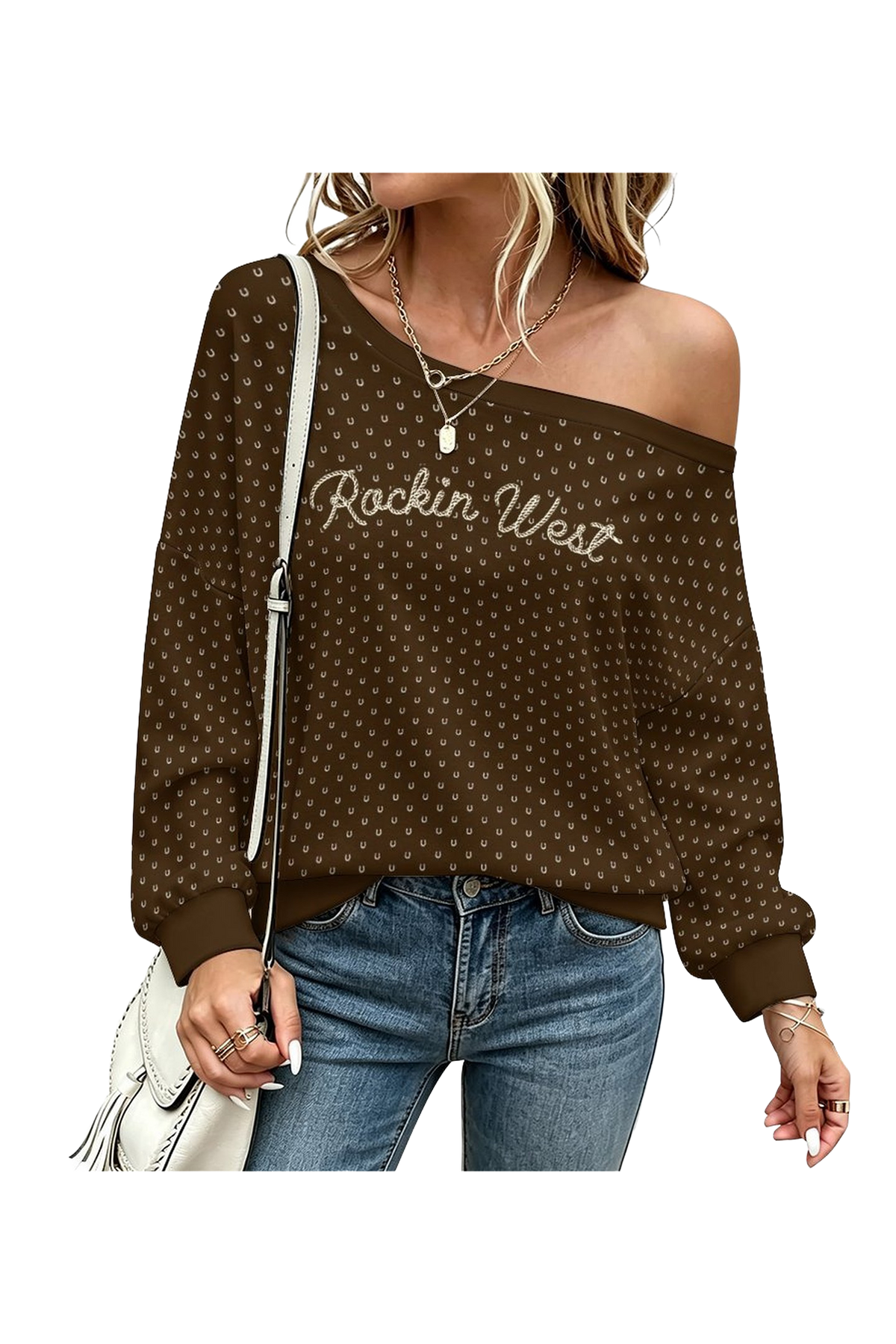 Sweat femme épaule basse - RW horseshoes pattern
