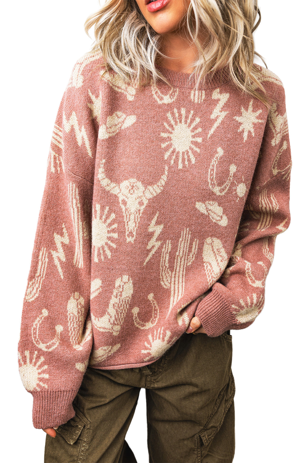 Sweater femme rose avec pattern western