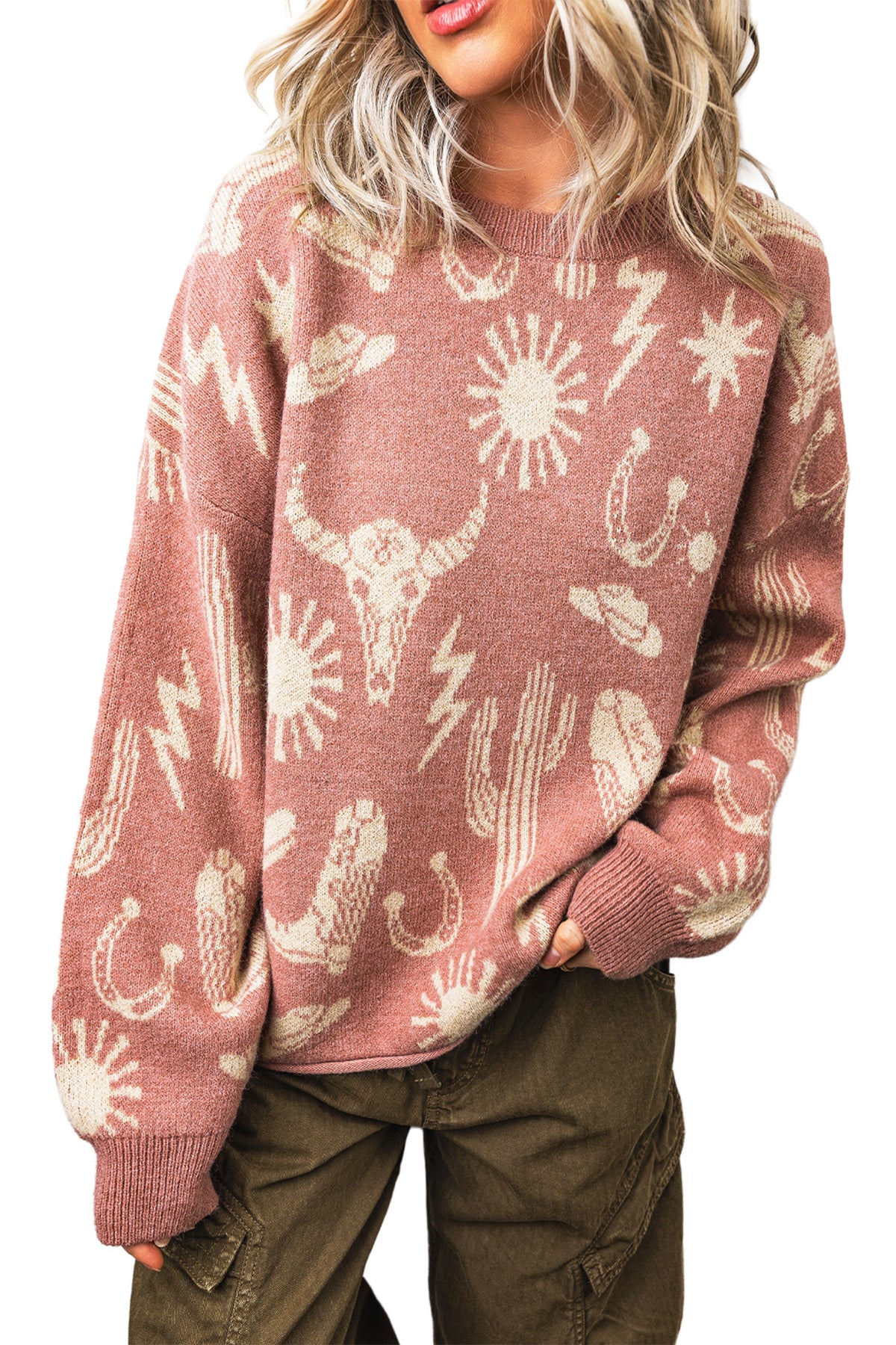 Sweater femme rose avec pattern western