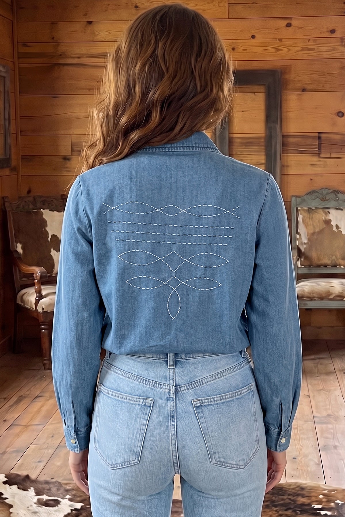 Chemise femme western en jeans avec broderie