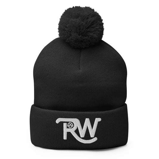 Beanie with pompom - RW white embroidery